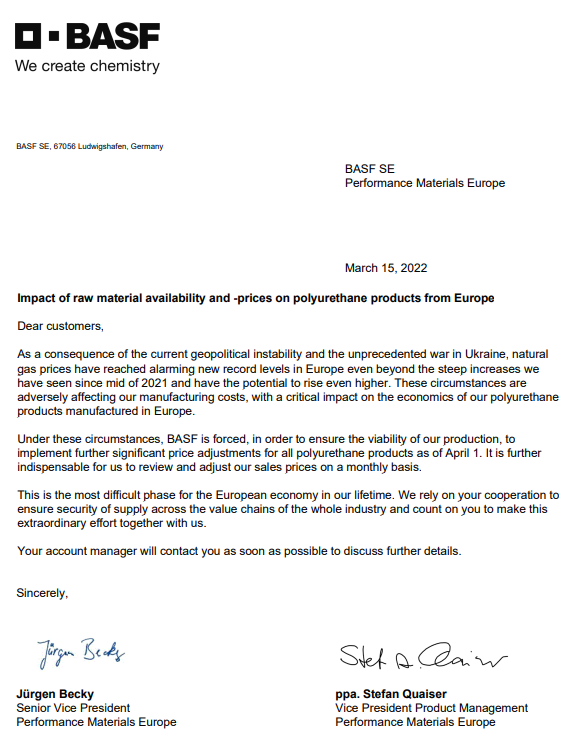 自4月1日起！巴斯夫將對歐洲市（shì）場所（suǒ）有聚氨酯產品漲（zhǎng）價
