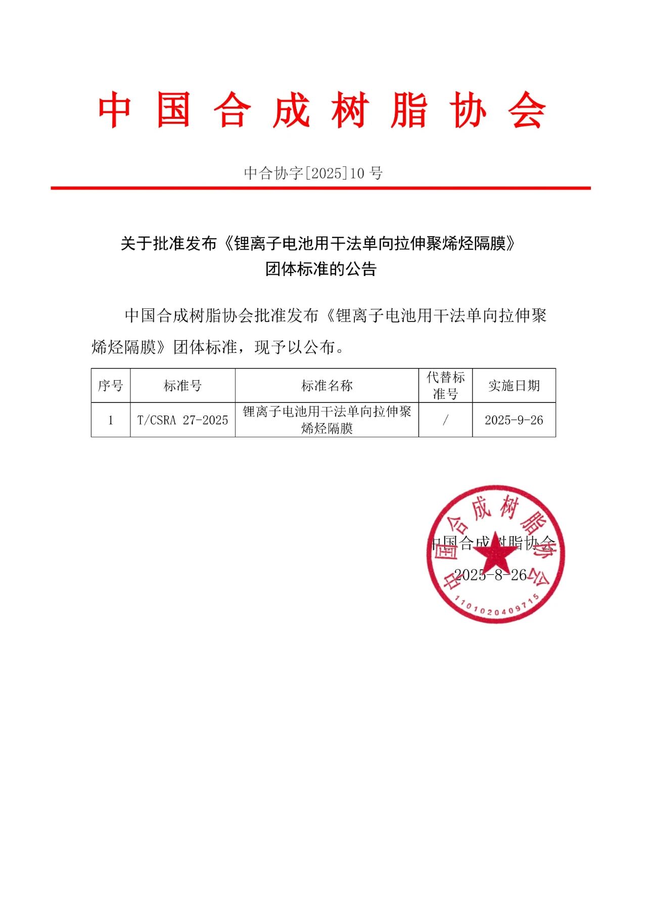 團（tuán）體標準 | 關於批準（zhǔn）公布《鋰離子電池（chí）用幹法單向拉伸聚烯烴隔膜》的公告